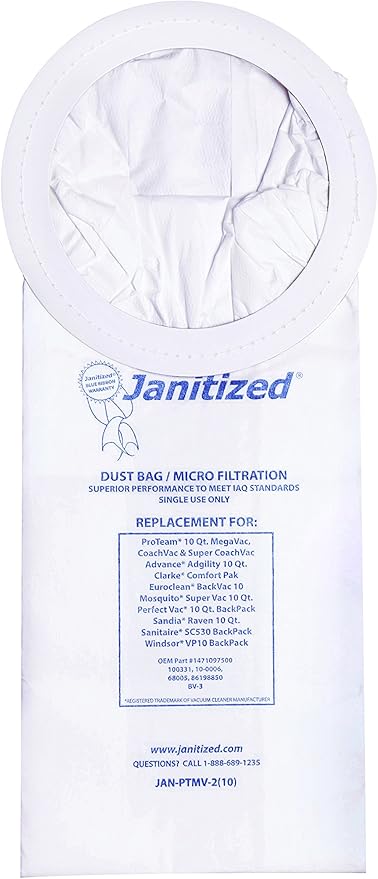 Janitized Vacuum Filters Designed to Fit Most Commercial 10 Qt. Backpack Vacs, 10/Pack