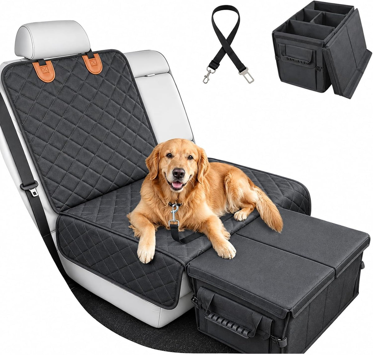 Dog Car Seat Extender with Seat Cover, Heavy Duty Back Seat Extender for Dogs up to 180lbs, Hard Bottom Car Organizer with Storage, Large Dog Travel Platform for SUV Truck