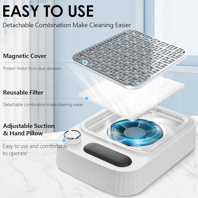 Nail Dust Collector with Reusable Filter for Acrylic Gel Nails, Vacuum Fan Dust Collector for Beginner, Adjustable Nail Vacuum Suction Fan for Manicure Pedicure at Salon or Home
