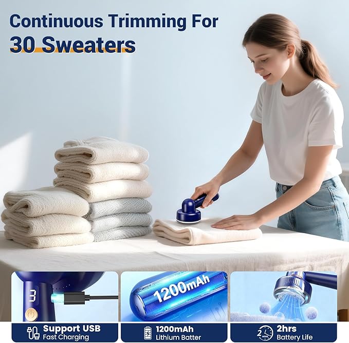 DBC Fabric Shaver & Lint Remover for Clothes, Sweaters & Furniture - 6-Leaf Blade, 3 Speeds, 2H Runtime, Portable Design Perfect for Travel, Includes 2 Extra Blades