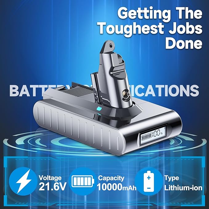 10000mAh Replacement Battery for Dyson V6 – LCD Display with Percentage, Longer Runtime, for V6 Animal Motorhead Fluffy Absolute SV03 SV04 SV05 DC58 DC59 DC61 Vacuum Cleaner, 2 Filters Included