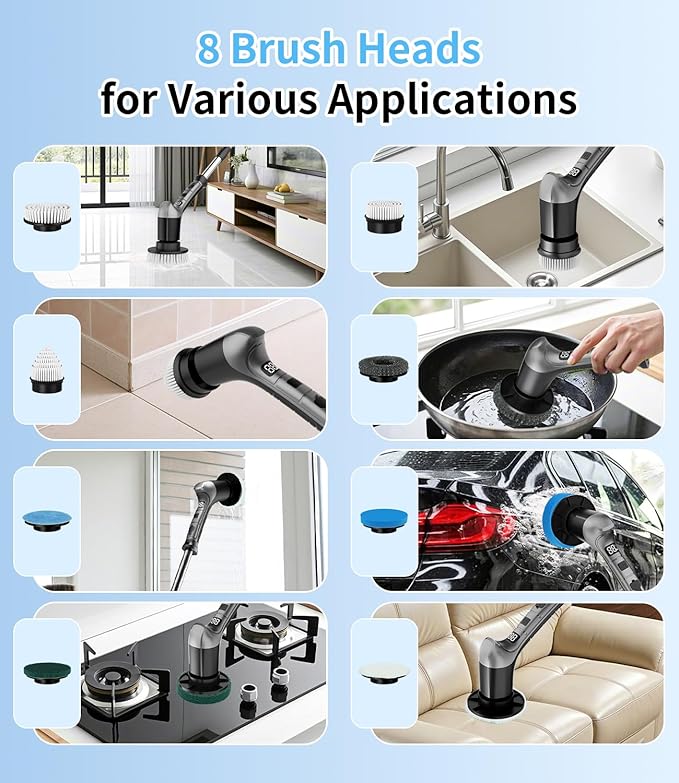 Electric Spin Scrubber with 3 Speed, Adjustable Extension Handle, 8 Brush Heads,Cordless Power Cleaning Brush for Bathroom, Tile, Kitchen-Grey