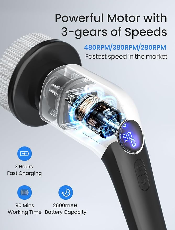 KEIMI Electric Spin Scrubber, Cordless Shower Cleaning Brush with 8 Replaceable Brush Heads, 3 Speeds, Extension Handle, Digital Display, IPX7 Power Scrubber for Bathroom, Tub, Tile and Floor