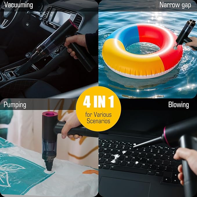 Handheld Car Vacuum Portable Cordless - Mini, Portable | Dual Suction (7500pa & 12000pa) | 4-in-1 Vacuum Cleaner, Blower, Inflator, Deflator & Air Duster for Car, Home, Kitchen, Pet Hair, Office Use