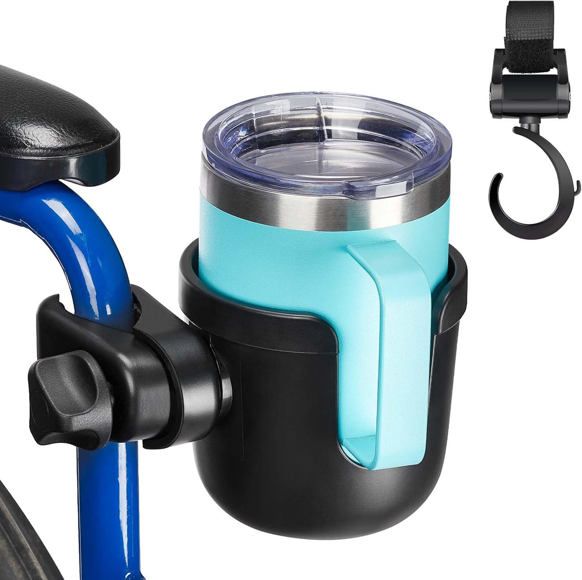 Wheelchair Cup Holder, Rollator Cup Holder, 4 Flexible Tabs with Hook Drink Holder for Walker, Scooter, Stroller, Mobility