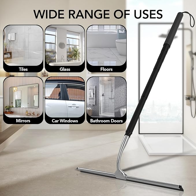 Shower Squeegee for Glass Doors, Shower Squeegee with Long Handle, Extendable Window Cleaner Tool for Car Windows, Tile Walls, Sliding Door