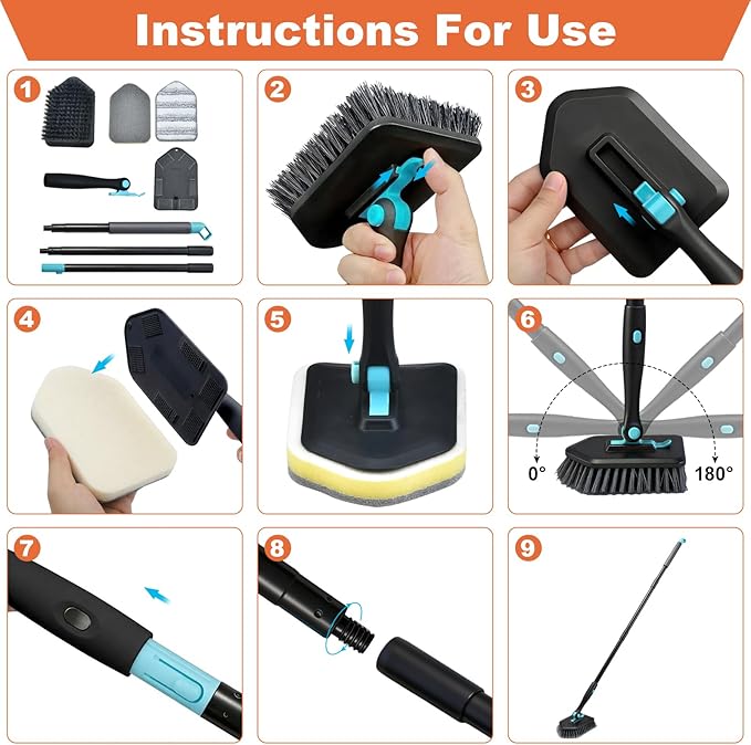 Long Handled Scrub Brush for Shower,3-in-1 Cleaning Brushes with 3 Different Function Cleaning Heads Brush for Shower Cleaning Bathroom Kitchen Walls Tub Tile (Black)