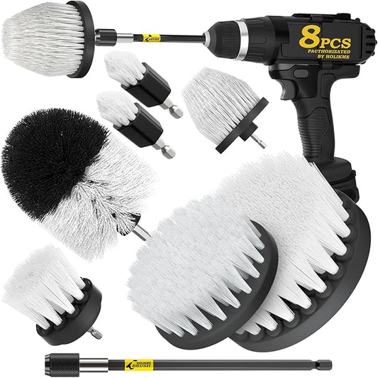 Holikme 8 Piece Drill Brush Attachment Set, Power Scrubber with Extend Long Handle, Cleaning Supplies for Shower, Bathtub, Bathroom, Kitchen (White)