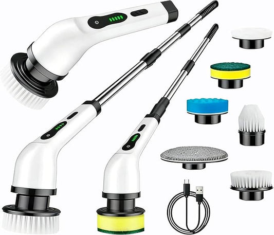 Electric Cleaning Brush, Rechargeable Power Scrubber with 6 Replaceable Brush Heads and Extendable Handle, Multi-Surface Cleaner for Bathroom, Kitchen, Floor, Grout, Car, Windows