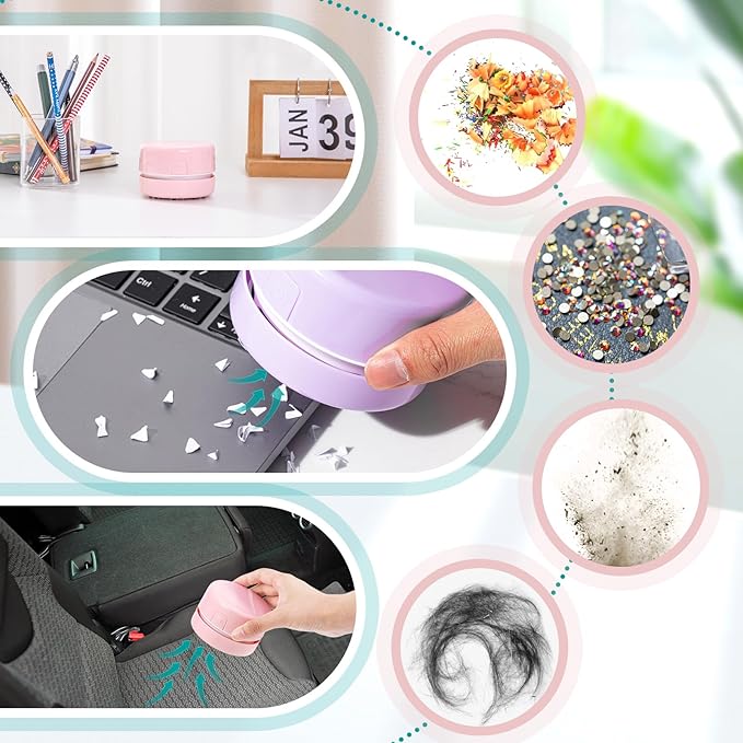 Honoson 2 Pcs Diamond Painting Tool Drill Quicker Picker for Spilled Diamonds 5d Painting Accessories Vacuum Cleaner Mini Table Desktop Sweeper Organizer Clean Art Beads Crumb(Pink, Purple)