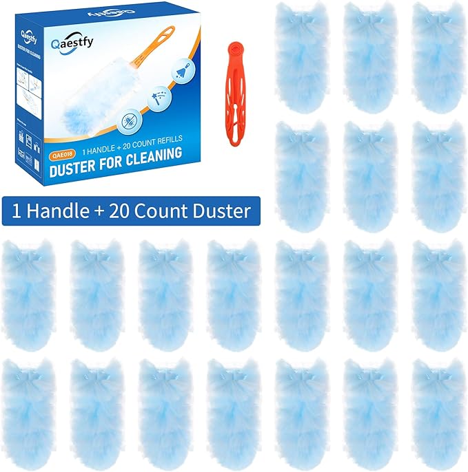 Qaestfy Dusters for Cleaning Dust 20 Count Refills 360 Fluffy Microfiber Hand Duster Kit with 14'' Rotatable Handle Unscented Cloths Pad for Multi-Surface Dusting (1 Handle + 20 Count)