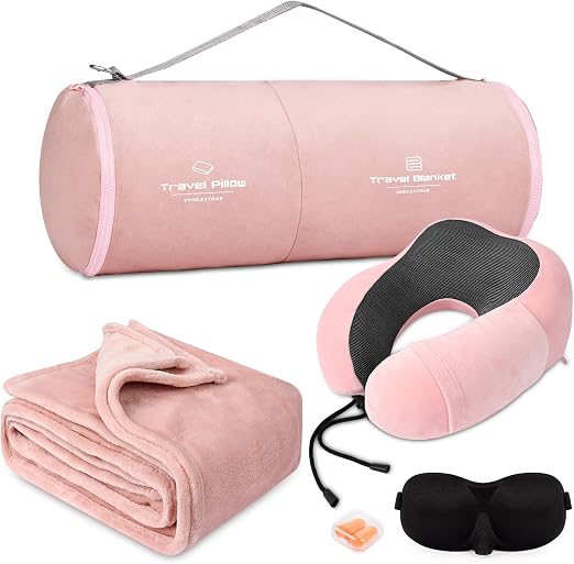 urnexttour Travel Pillow and Blanket Set Neck Pillow Airplane Foam Pink