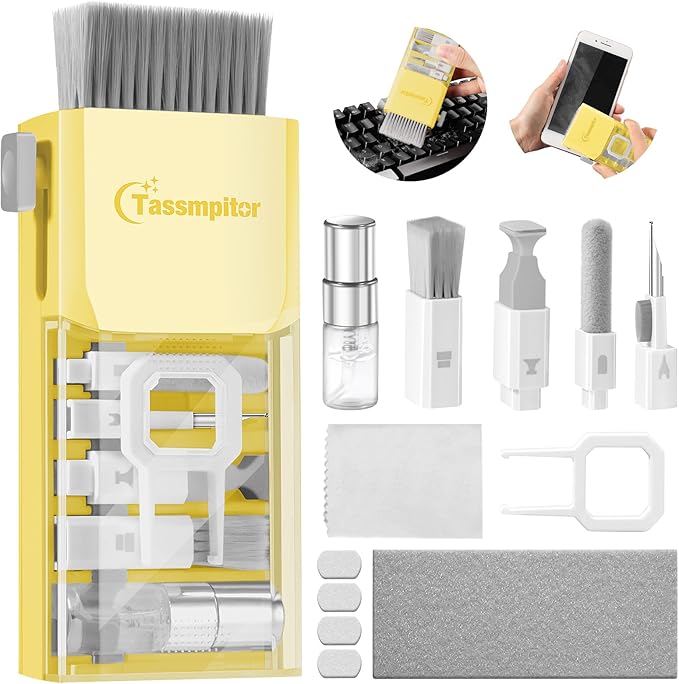 Tassmpitor Laptop Screen Keyboard Cleaner Kit, All in 1 Electronics Cleaning Tool for MacBook iPad iPhone Pro Cell Phone, Brush Tool for Tablet, Computer, PC Monitor,TV Camera Lens with Patent, Yellow