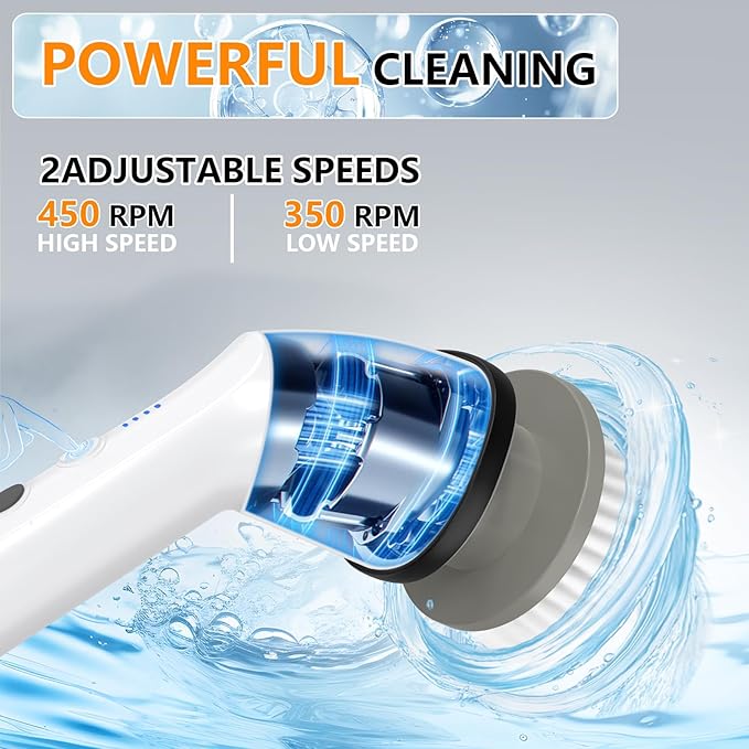 kunlabori 2024 Super Strong Electric Spin Scrubber 450 RPM, 7 Replaceable Brush Heads Shower Scrubber, Adjustable Cleaning Brush, Electric Scrubber for Bathroom Tub, Tile, Floor, Car, Gray