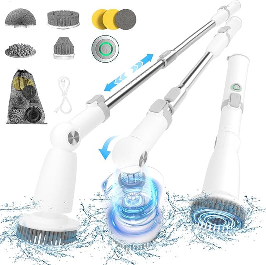 Marchpower Electric Spin Scrubber, Power Shower Scrubber Cordless Cleaning Brush 6 Replaceable Brush Heads, 2 Speeds, Adjustable Detachable Handle, IPX7 Waterproof Bathroom Scrubber Tub Tile Floor