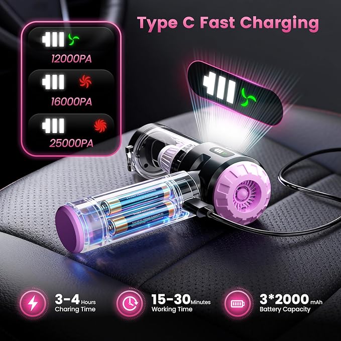 Wansimoo Handheld Car Vacuum Cleaner,25000PA Strong Cyclonic Suction Foldable Mini Vacuum Portable Cordless with Digital Display and One Touch Dust Removal for Car, Home, Office, Kitchen (Purple)