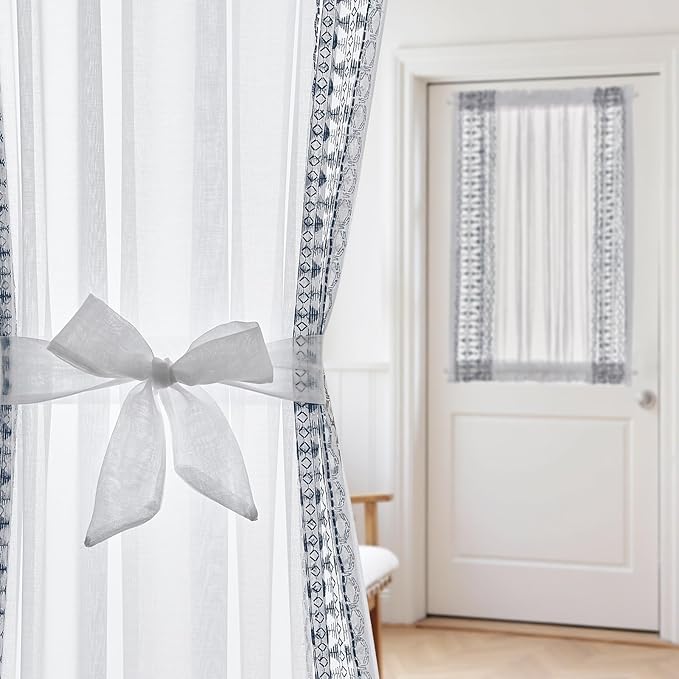 jinchan French Door Curtain Privacy Boho Embroidered Semi Sheer Voile Front Curtain for Window Doorway Closet, Door Panel with Tieback Rod Pocket 1 Panel (Blue on White, 55W x 40L Inch)