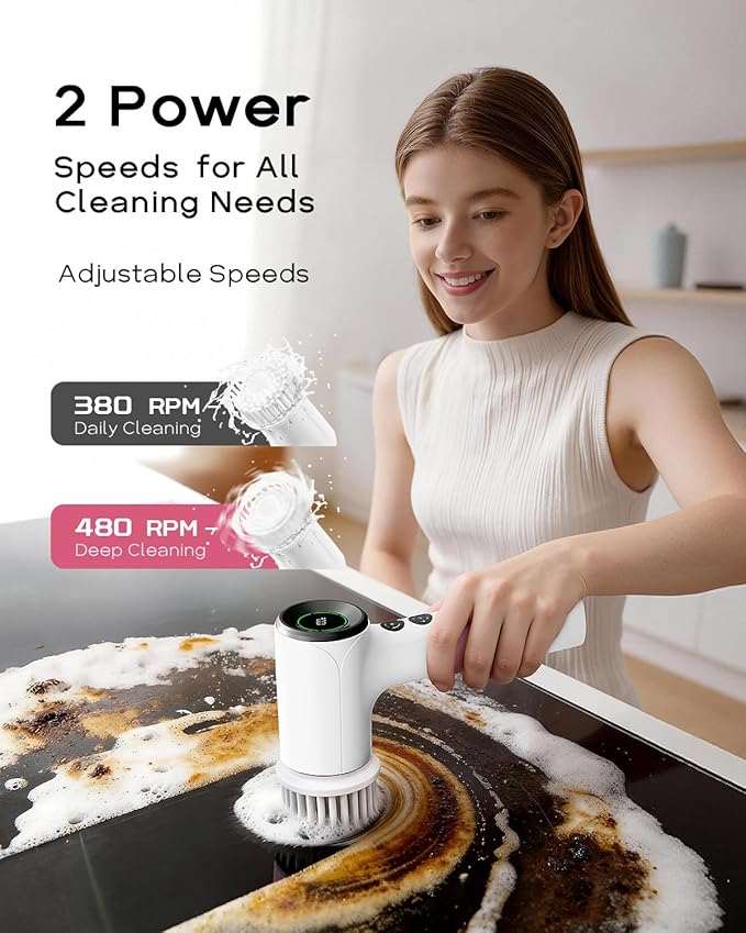 PUFTEM Electric Spin Scrubber for Bathroom Cleaning, Cordless Shower Scrubber with 6 Brush Heads, Dual-Direction Rotation, Handheld Cleaning Brush for Grout, Tile, Tub, Sink & Corners, White