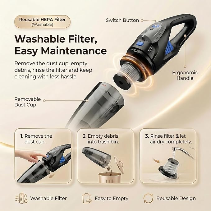 Handheld Vacuum Cordless, 25000Pa Powerful Suction Car Vacuum Portable Cordless with 8000mAh Battery & LED Light, Hand Held Vacuum Rechargeable with HEPA Filters, Home, Car Seats, Pet Hair Blue