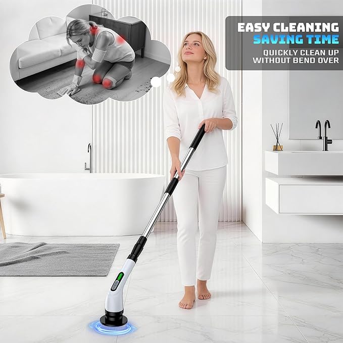 Highyes Electric Spin Scrubber, Powerful 2-Speed Cleaning Brush, IPX7 Waterproof with 7 Reusable Brush Heads & Extendable Handle, for Bathroom Toilet Shower Kitchen Wall Tile Floor Grout (White)