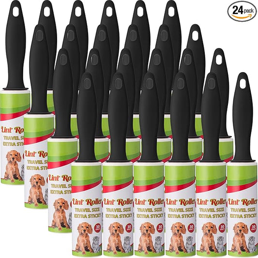 Hushee 24 Pcs Mini Lint Roller for Travel Small Lint Removers Bulk for Pet Hair and Clothes Small Size Removers Portable Sticky Removing Tool for Cleaning Furniture Dog Car Seat