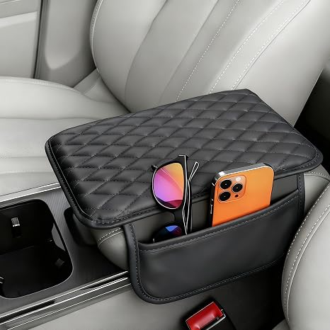 Upgraded Car Center Console Cover, Leather Armrest Cushion Pad with 2 Storage Bags, Microfiber Soft Waterproof Seat Box 