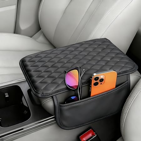 Upgraded Car Center Console Cover, Leather Armrest Cushion Pad with 2 Storage Bags, Microfiber Soft Waterproof Seat Box 