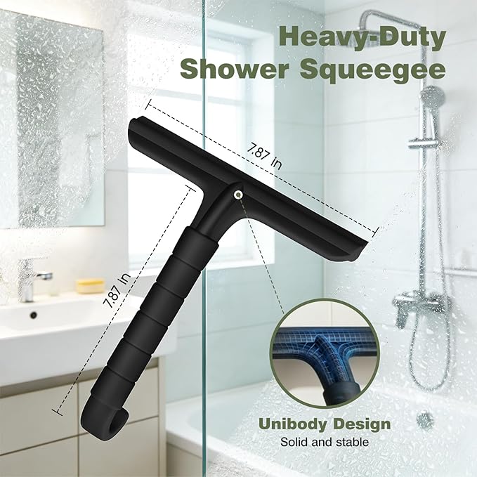 Roylvan Silicone Shower Squeegee, All-in-One Shower Squeegee for Glass Doors with Built-in Hook, Household Window Mirror Cleaner for Bathroom Glass Kitchen Tile Wall Car, Black