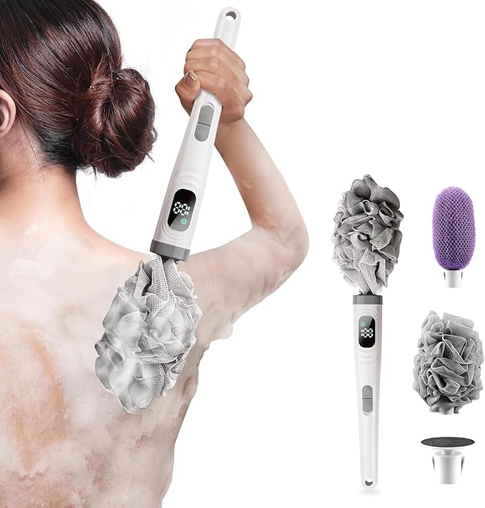 Electric Body Brush Back Scrubber for Shower, Electric Body Brush with Long Handle, Waterproof Rechargeable Bath Brush Body Scrubber with 3 Brush Heads & 2 Speeds for Cleansing and Exfoliating Skin