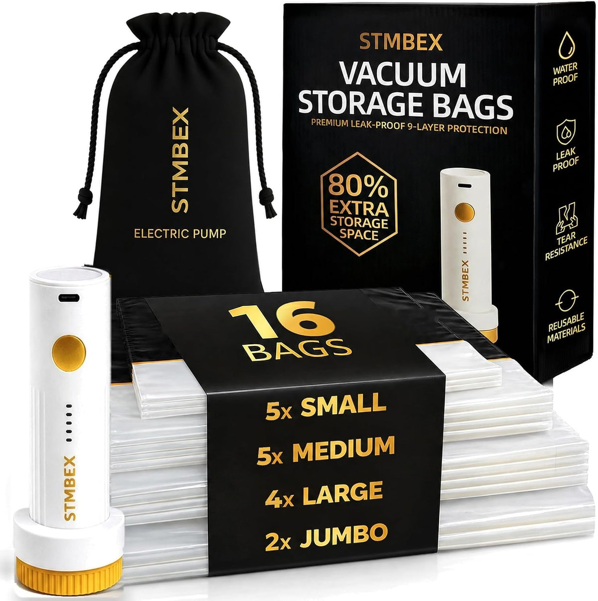 16 Pack Vacuum Storage Bags with Electric Pump, Travel Compression Bags