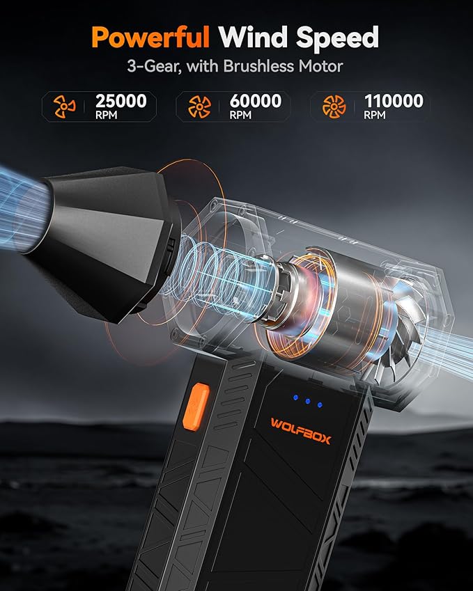 WOLFBOX MegaFlow 50 Compressed Air Duster-110000RPM Super Power Electric Air Duster, 3-Gear Adjustable Mini Blower with Fast Charging, Dust Blower for Computer, Keyboard, House, Outdoor and Car