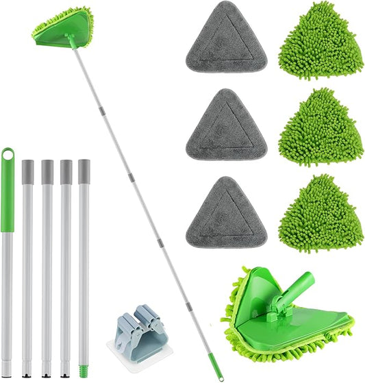 Wall Cleaner Triangle Mop with 82'' Long Handle - Wall Scrubber, Cleaning Washer Tool with 4 Microfiber Chenille Duster Pads for Clean Walls, Ceiling, Windows, Baseboards, Floors (Green, 6 Pads)