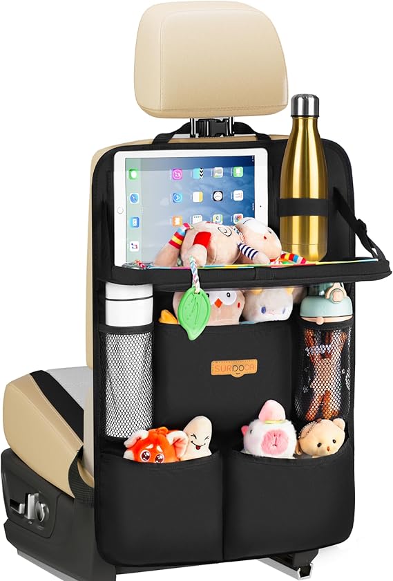 SURDOCA Backseat Car Organizer with Foldable Tray for Kids & Adults – NEW MODEL Seat Storage with Touchable Tablet Pocke