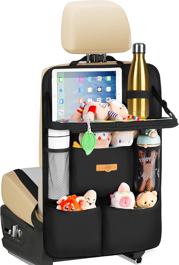 SURDOCA Backseat Car Organizer with Foldable Tray for Kids & Adults – NEW MODEL Seat Storage with Touchable Tablet Pocke