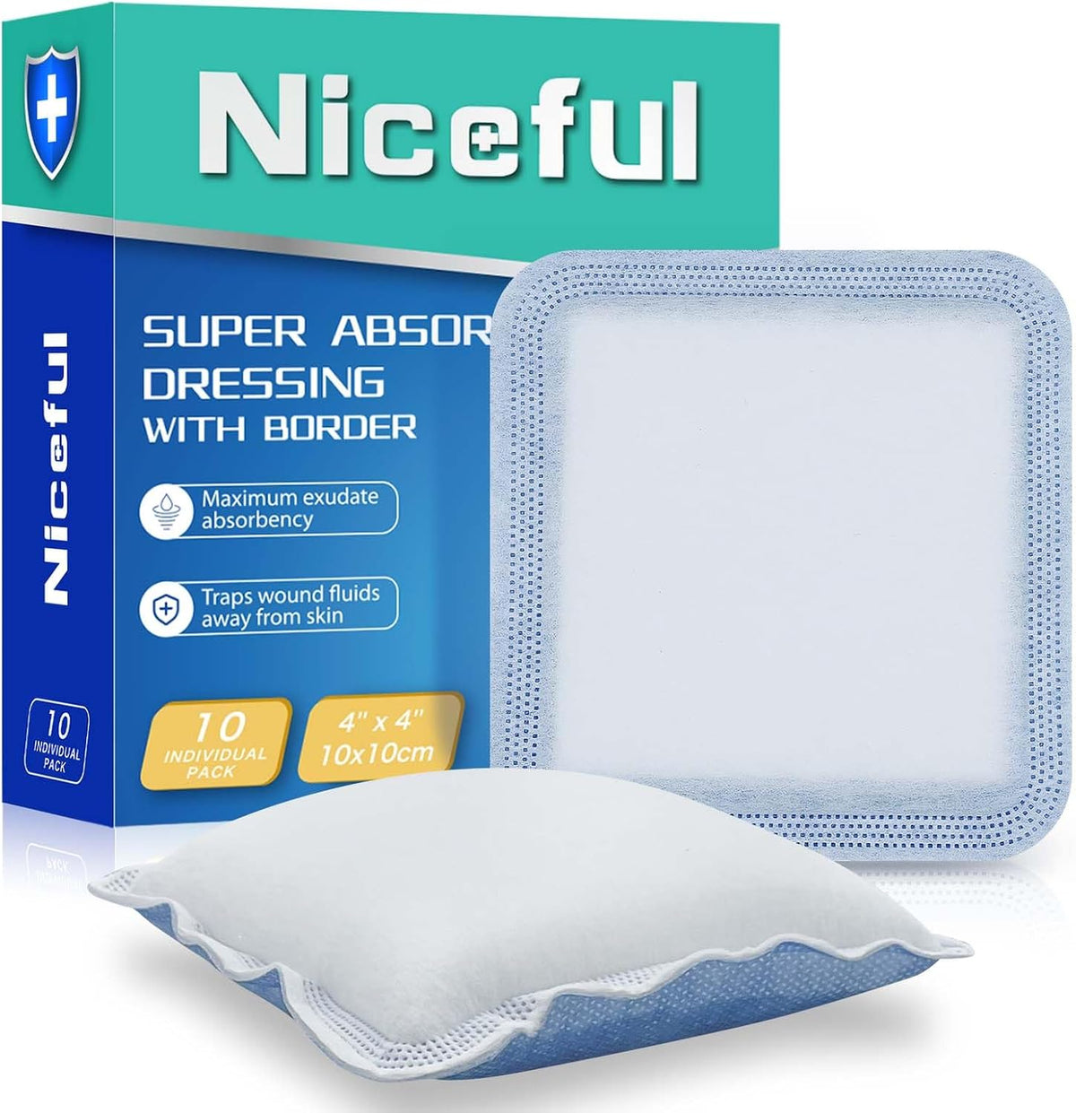 Super Absorbent Wound Dressing 4"x 4"(10 Pcs), Sterile Non Stick Gauze Pads for Wound Care, Heavy Exudate Non Adhesive Large Bandages for Pressure Ulcers, Bedsores, Diabetic Foot Ulcers