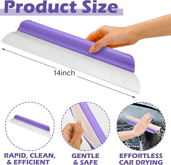 2 Pack 14 Inch Car Drying Squeegee Purple Longer Silicone Water Squeegee Window Shower Blade Automotive Squeegees Flexible Auto T-bar Rubber Squeegees for Car Windshield Glass Bathroom Wash Tool