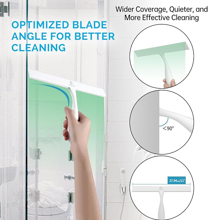Shower Squeegee for Glass Doors, 11 Inch Ergonomics Anti-Rust Silicone Squeegee with Stainless Steel Frame for Shower Glass Door, Mirrors, Tiles and Windows Cleaning, White