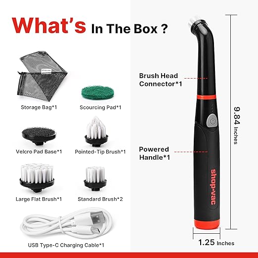 Shop-Vac Electric Spin Scrubber with 2000RPM Motor, 90Min Long Runtime with 5 Replaceable Head, LED Display and IPX6 Waterproof, Cordless Electric Scrubber for Cleaning Grout, Tile, Bathroom, Kitchen