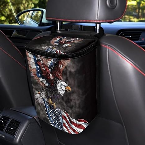 American Flag Car Trash Can Accessories Organizer Eagle Printed Garbage Bag Dustbin Container with Lid Waste Basket Stor