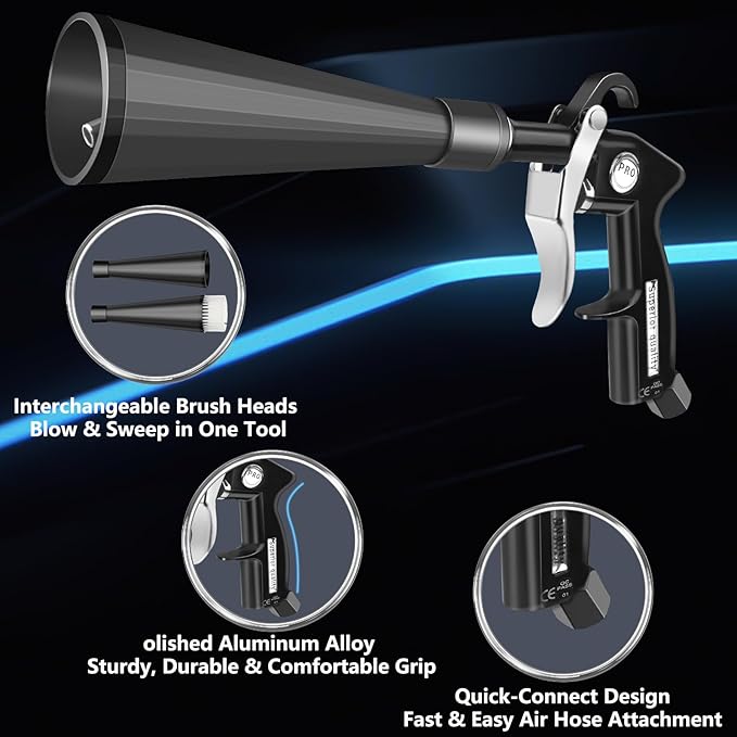 Preciva Tornado Blow Gun, Air Duster for Interior Seats, Headliner, AC Vents, Crevice Cleaning, High-Pressure 60-160PSI (0.6-0.92MPa), 1/4" Quick Connect, Includes 2 Nozzles & 2 Connectors