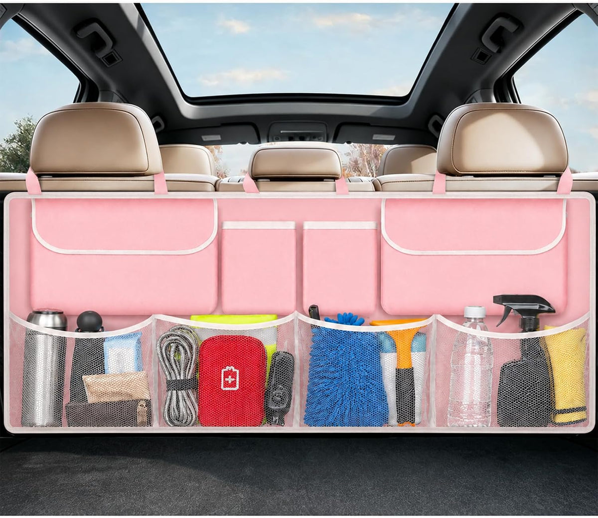 Car Trunk Organizer, Large Capacity Backseat Trunk Storage Organizer with 8 Pockets, Foldable SUV Cargo Organizer for SUV, Truck, Van & MPV, Black (Pink)