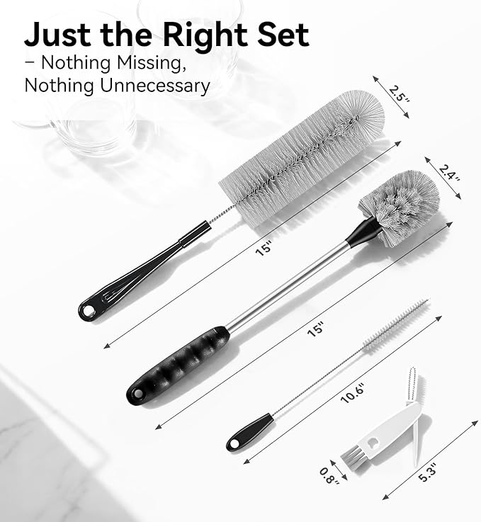 4 Pack Bottle Brush Cleaning Set, Including Long Handle Water Bottle Brush and 3 in 1 Cup Lid Cleaning Brush, Straw Cleaner Brush Washing for Baby Bottles, Tumblers, Glasses