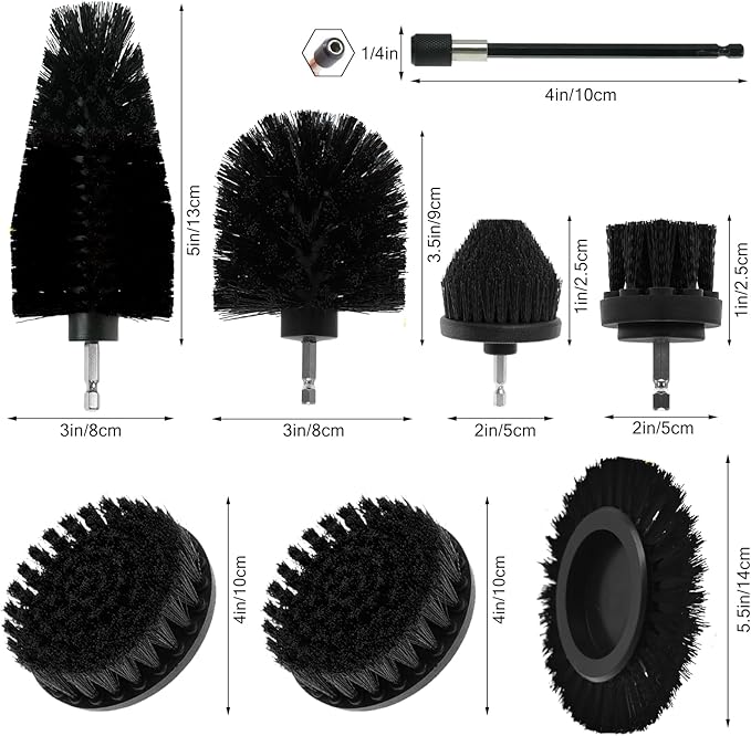 8 Pcs Drill Brush Attachment Set, Power Cleaning Scrub Brush Kit with Extend Long Attachment, All Purpose Drill Scrub Brushes for Car, Grout, Floor, Tub, Bathroom and Kitchen (Black)