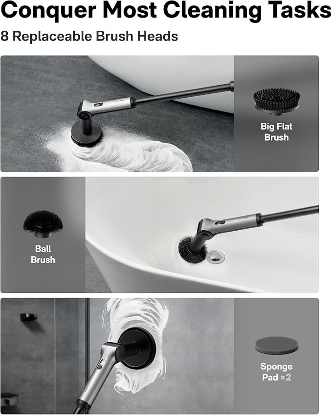 HOTO Flexi™ Cordless Electric Spin Scrubber, Adjustable Angle, Extendable Handle, Smart Display, IPX7 Waterproof, Powerful Cleaning Scrubber with 8 Replaceable Brush Heads, for Bathtub, Bathroom, Tile