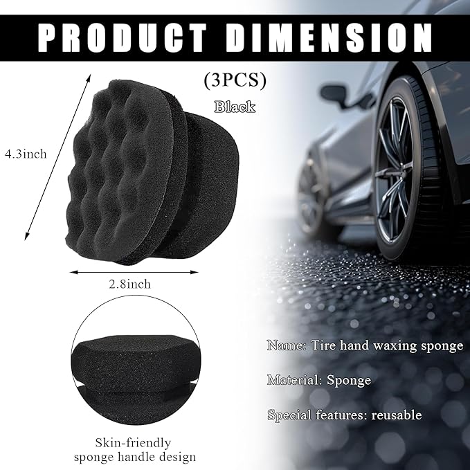 KVAEY 3 PCS Tire Dressing Applicator Pads, Reusable Hex Grip Tire Shine Applicator Polishing Sponge Pads, Wheel Tire Shine Detailing Foam for Most Vehicles, Car Accessories (Black, 4.33")