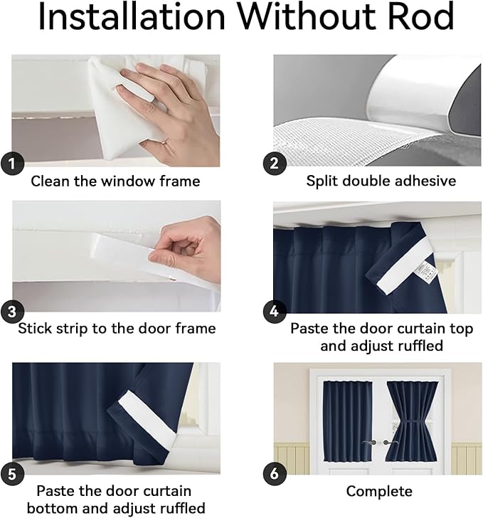 Vatge Privacy French Door Curtain - Thermal Insulated Self Adhesive Blackout Door Curtains with Tieback, 1 Panel, W54 x L40, Navy