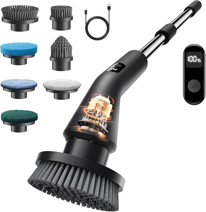 Leebein Electric Spin Scrubber, Cordless Bathroom Cleaning Brush with 7 Brush Heads, IPX7 Waterproof, 2 Speed Settings, Extendable Handle
