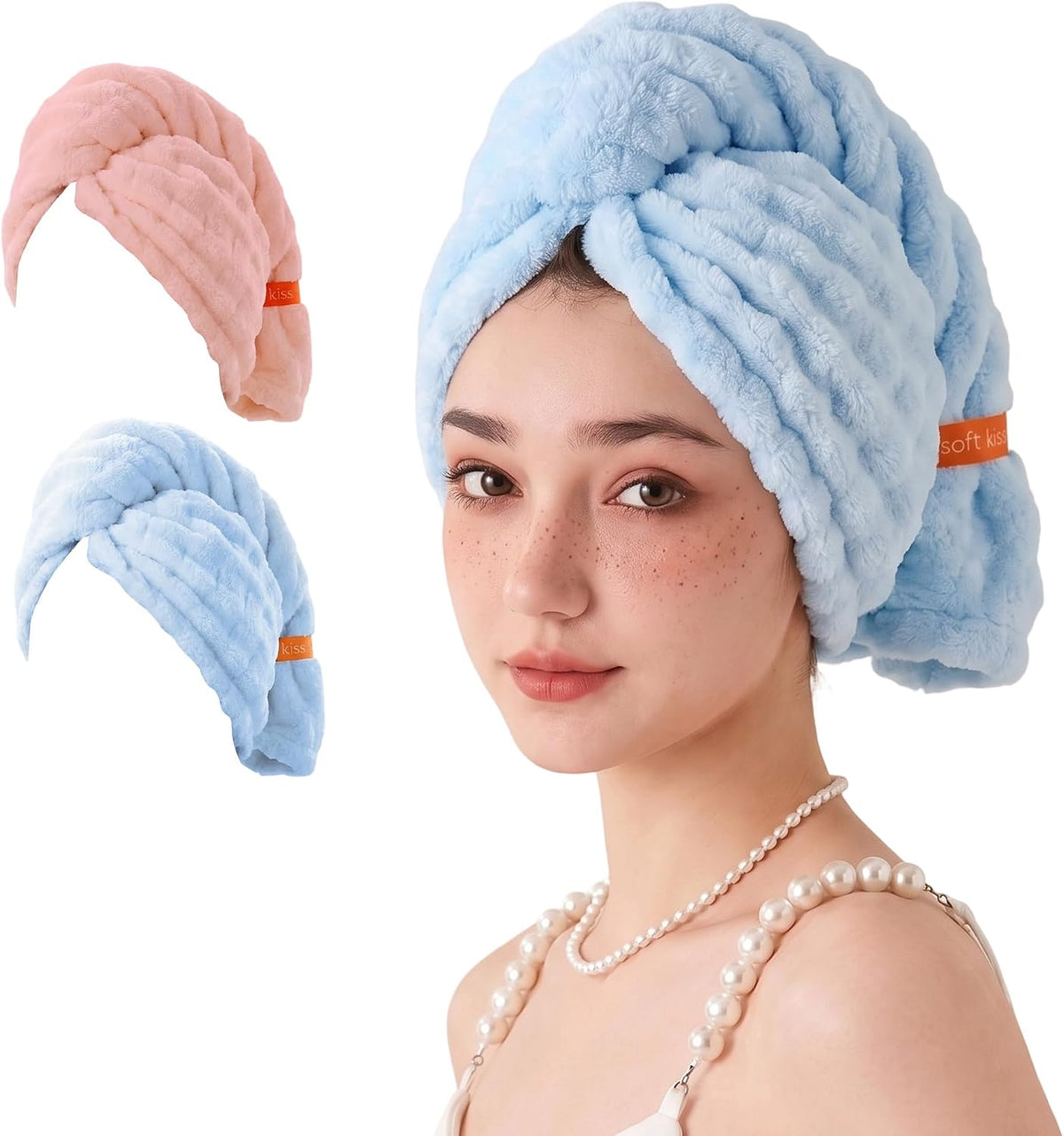 Two Hair Drying Towels, one Sky Blue and the Other Rose Pink.