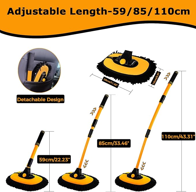 WillingHeart 15° Curved Car Wash Brush with Long Handle 43" Extension Pole RV Truck Microfiber Cleaning Mop Auto SUV Wheel Boat Exterior Interior Detailing 2 in 1 Carwash Duster Not Hurt Paint, Yellow