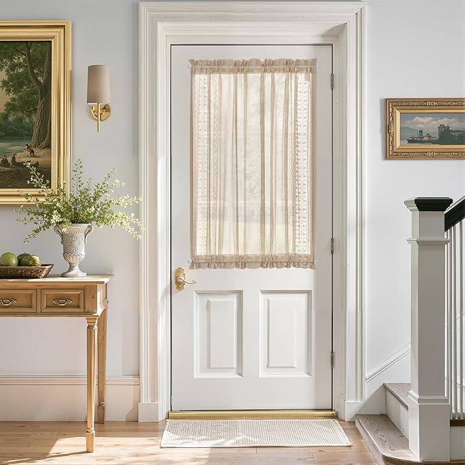 jinchan French Door Curtain Privacy Boho Embroidered Semi Sheer Voile Front Curtain for Window Doorway Closet, Door Panel with Tieback Rod Pocket 1 Panel (White on Beige, 55W x 40L Inch)